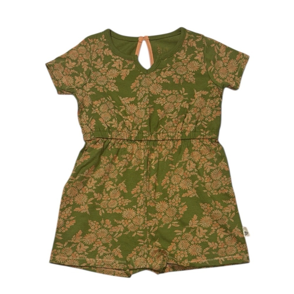 Burt's Bees Girl’s Floral Romper, green, peach, cotton, 2T